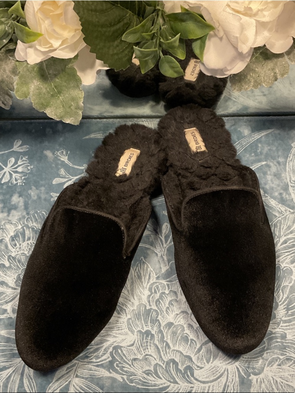 Birdies Black Velvet Plush-Lined Mules
